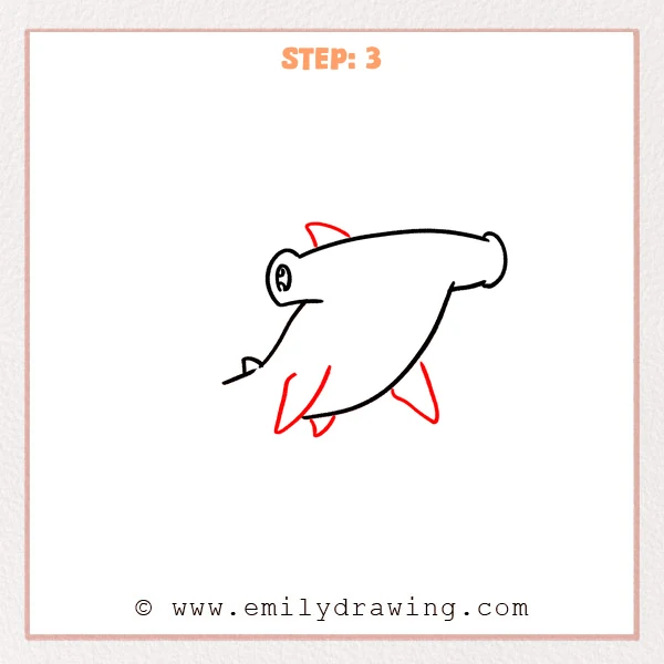 how to draw a hammerhead shark - Step 3 of a hammerhead shark drawing, adding a small dorsal fin on top and several triangular fins along the underside.
